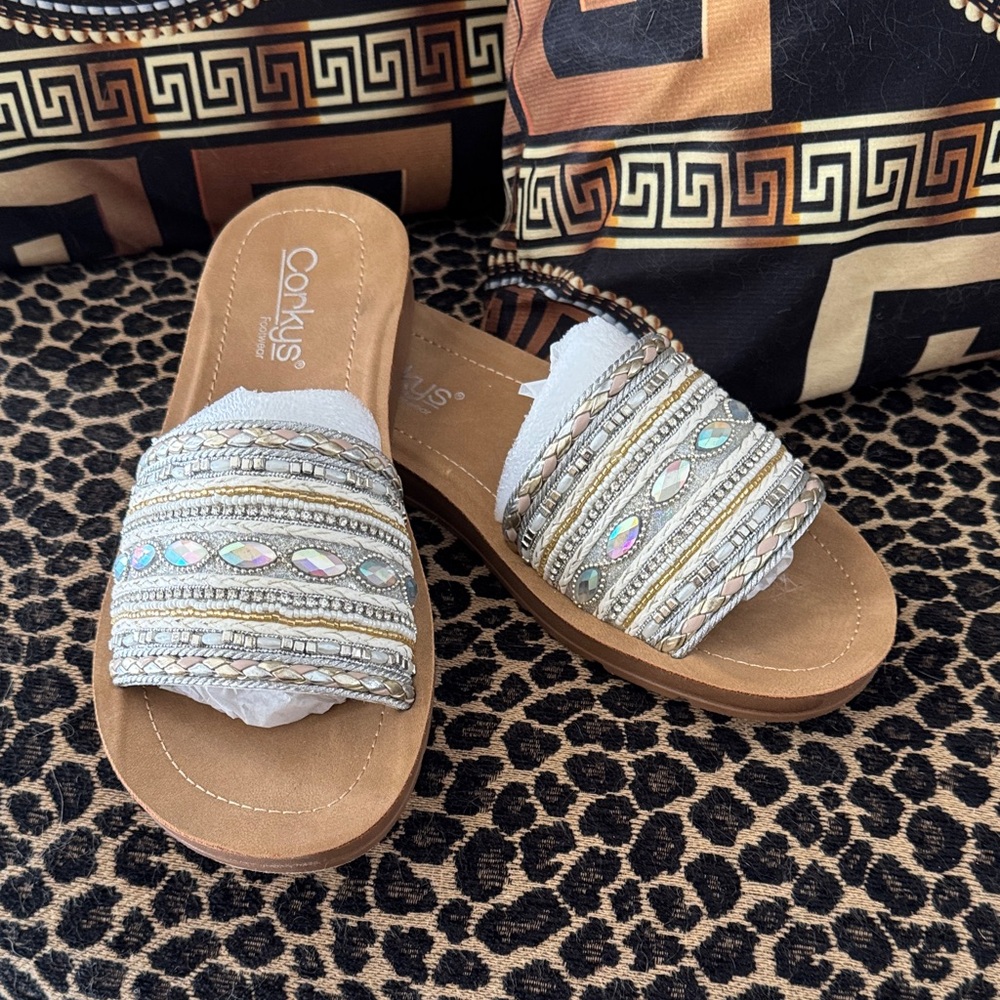 Corkys Beaded White and Tan Slide Sandals